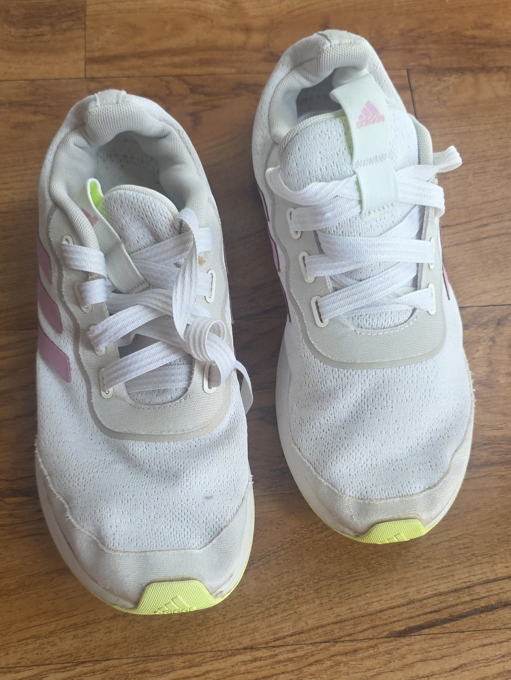 adidas White Sneakers with Pink Stripes and Neon Yellow Accents